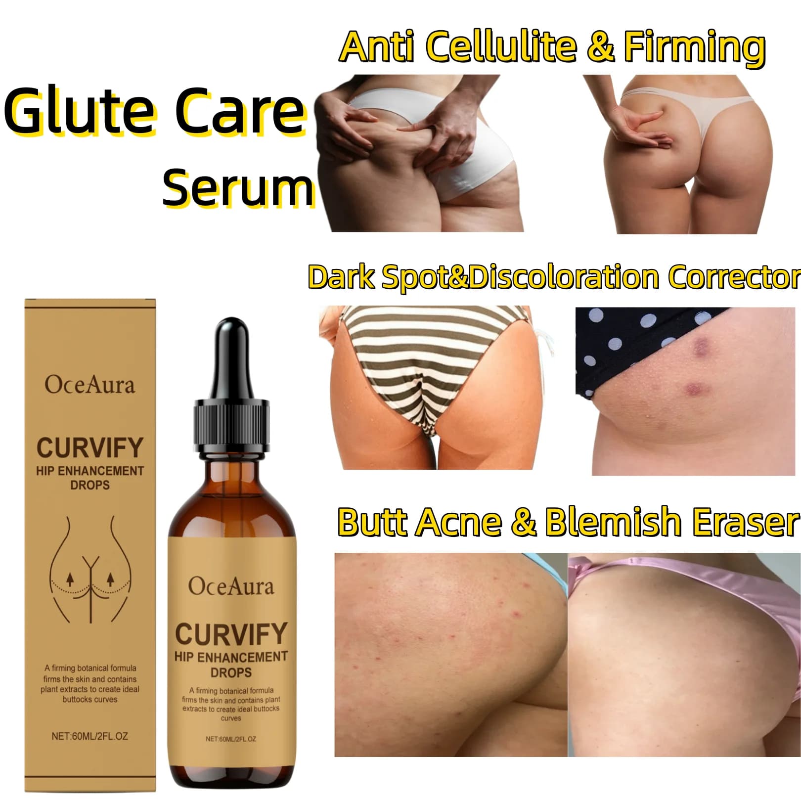 Siero per il miglioramento dei glutei, effetto riscaldante e rimpolpante attivo, combatte cellulite e pelle flaccida, idratazione lenitiva all'aloe vera, elimina acne e macchie scure sui glutei, siero ultra leggero ad assorbimento rapido, leviga le smagliature, formula sicura e purificante.