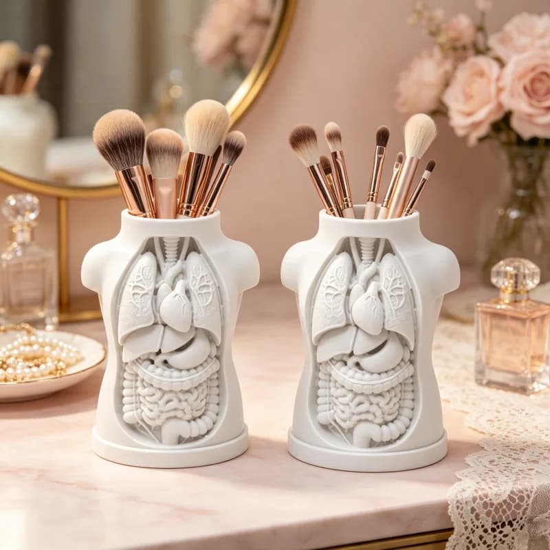 2-Piece Set 3D Printed Petg Human Anatomy Makeup Brush Holder, Matte White Torso Organ Relief Pen Holder, Realistic Chest and Abdominal Organ Structure Multifunctional Storage Box, Dressing Table Makeup Brush Organizer, Bathroom Toothbrush Holder, Dark Gothic Style Desktop Decoration, Creative Gift for Medical Students, Nurses, Makeup Artists, Trendy and Quirky Storage, Non-Slip Base, Sturdy and Durable, Home Office Dressing Table Decor, Ambiance-Enhancing Item