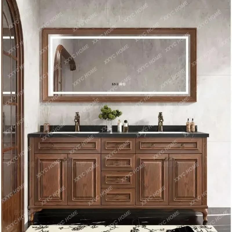 Mobile bagno in legno massello anticato con piano in pietra, lavabo e specchio smart