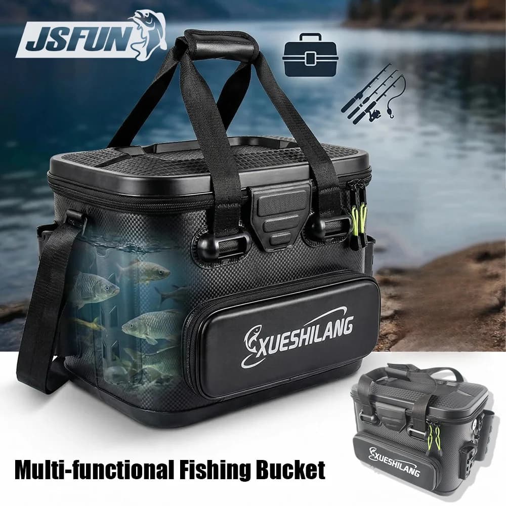Borsa da pesca rigida in EVA da 30L, grande capacità, per attrezzatura da pesca, organizer per esche resistente da esterno con porta canna laterale