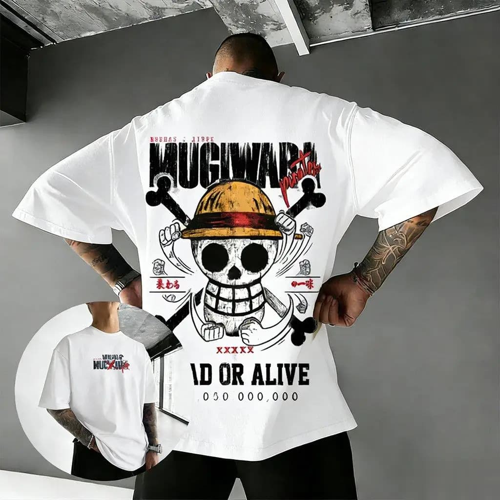 One Piece T-Shirt Men Summer Mugiwara Straw Hat Pirates Wanted Skull Graphic Short Sleeve Streetwear Loose Fit Anime Fan Top