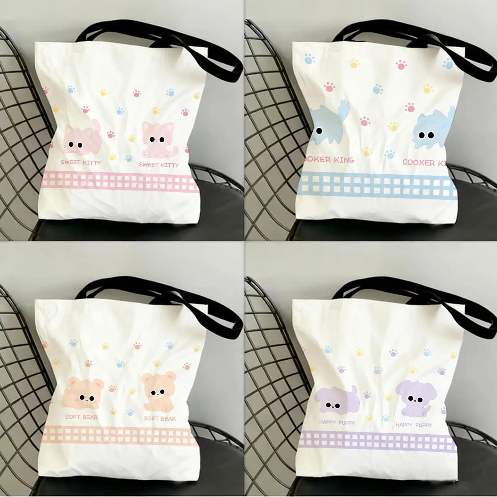 Cute Cartoon Cat Storage Bags Canvas Double-Sided Print Tote Bag Large Capacity Shoulder Fashion Shopping Handbag