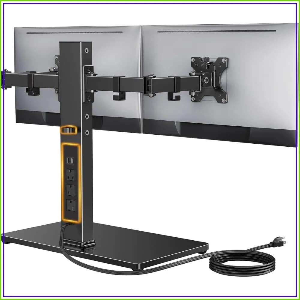 Dual Monitor Stand with Power Strip, Freestanding for 2 Screens up to 32 Inch, Glass Base, Adjustable Arms, Holds 22 lbs per Arm