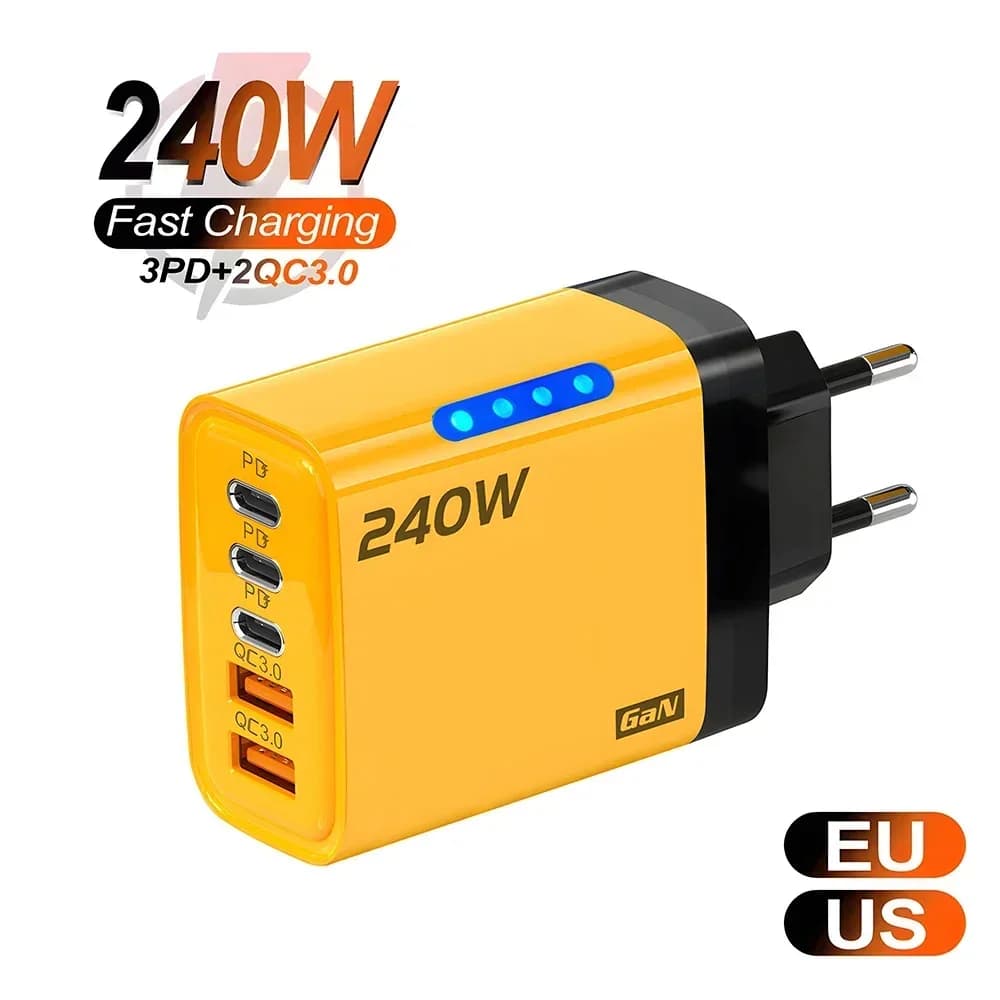 Caricatore USB C PD da 240W a 5 porte, caricatore USB di tipo C con Quick Charge 3.0, adattatore di ricarica rapida per iPhone, Samsung, Xiaomi, Huawei, Tablet