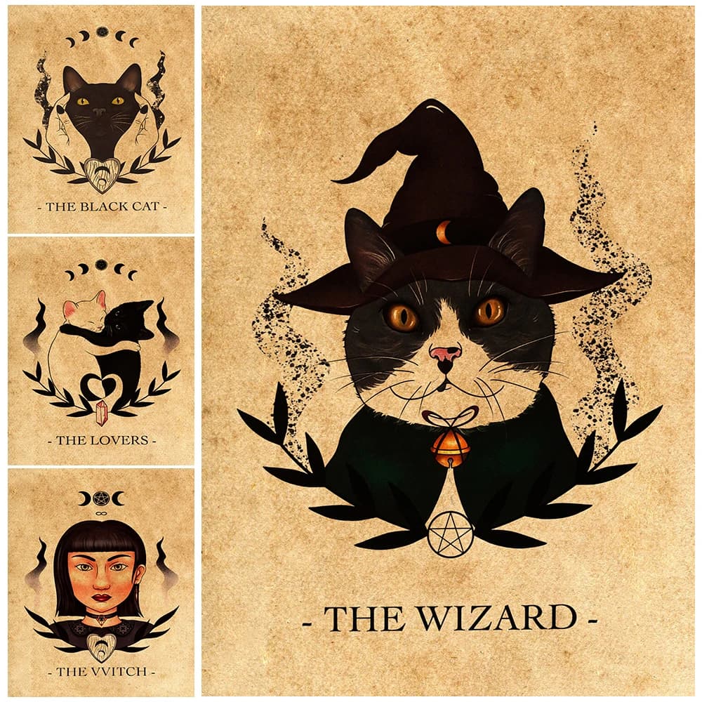 La strega Tarocchi Stampa di carte Gatto nero spettrale Opera d'arte Wall Art Canvas Painting Pagan Witchy Poster e stampa Home Decor Senza cornice