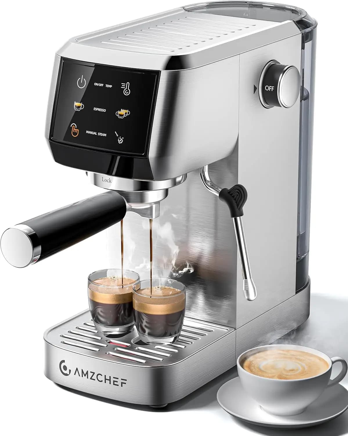 Macchina per Espresso 20 Bar Compatta in Acciaio Inox con Montalatte, Temperatura e Pressione Regolabili, Serbatoio da 44oz per Cappuccino