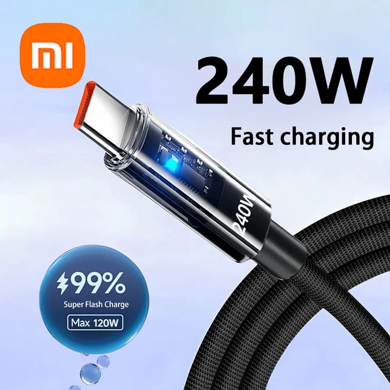 Super fast charging cable Xiaomi 240W in nylon USB Type C for Samsung Huawei Honor with digital LED display, USB C data cable for charger