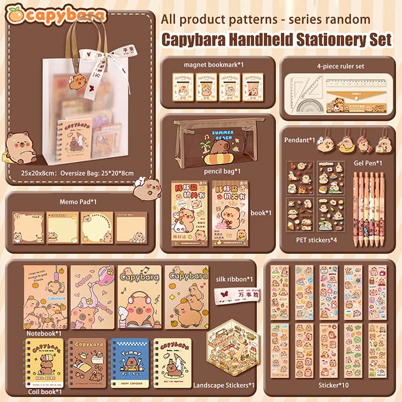 New 1Set Kawaii Capybara Stationery Set Cartoon Cute Handbag Stationery Set Office Supplies Student Stationery Birthday Gifts