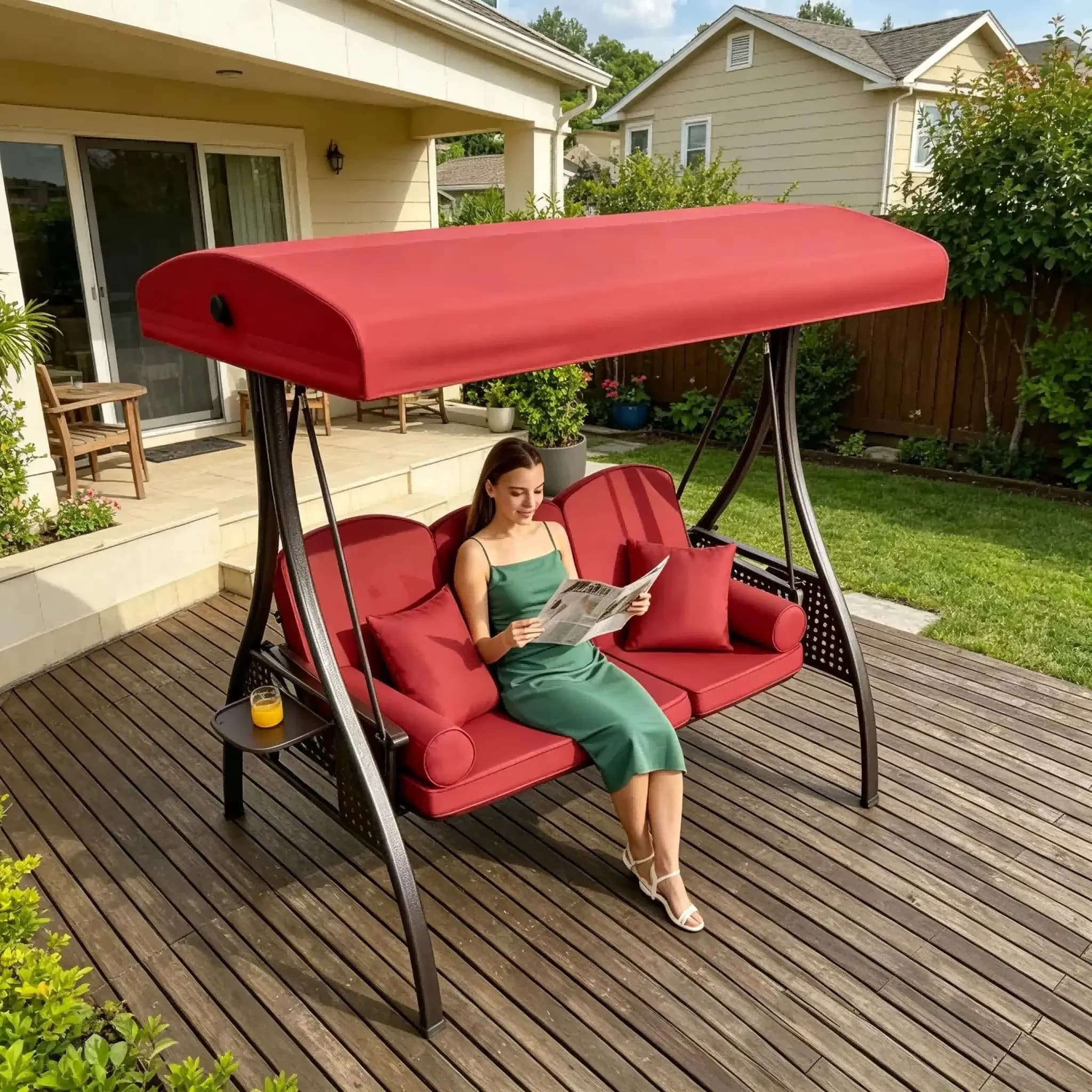 Dondolo da Esterno 3 in 1 - Dondolo da Giardino a 3 Posti con Cuscini Spessi, Cuscini Decorativi e Portabicchieri, Resistente alle Intemperie