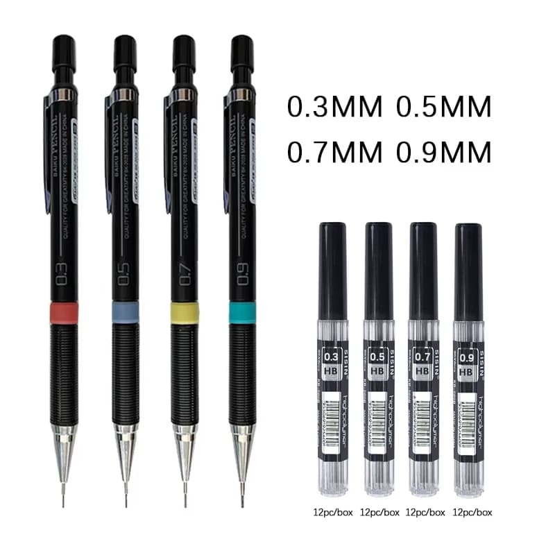 Mechanical Pencil with Refill Set 0.3/0.5/0.7/0.9mm Automatic Pencil Replaceable Leads Office School Writing Stationery Supply