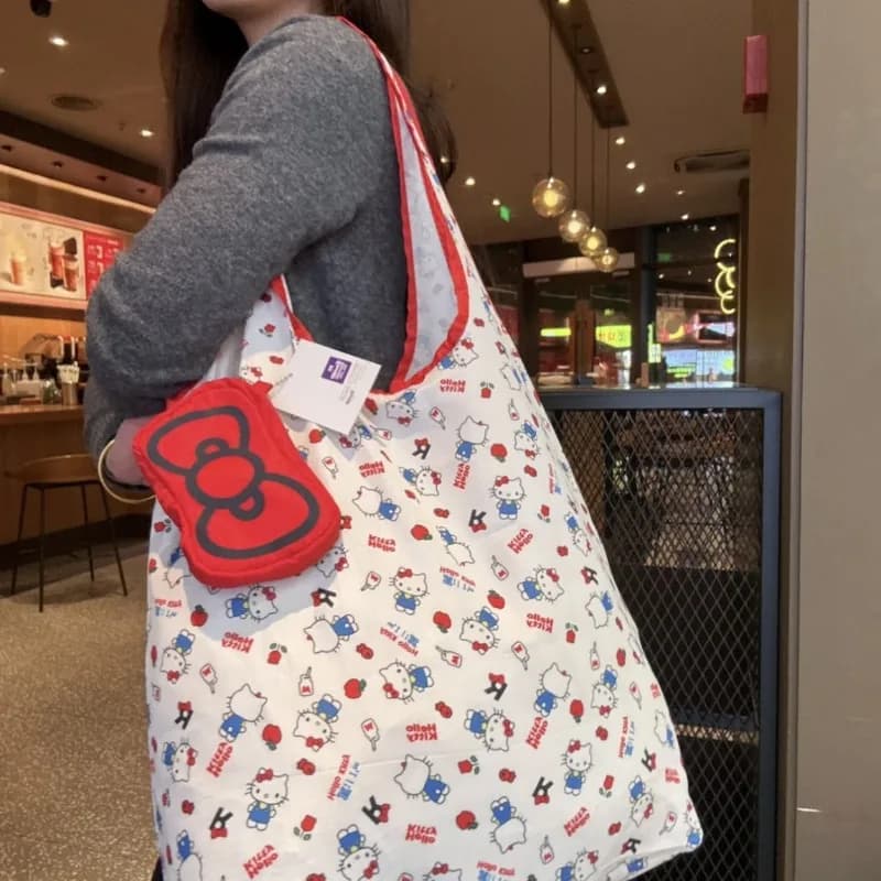 Borsa Shopping 2026 Nuova Kitty con Fiocco Rosso Pieghevole, Borsa Contenitore Ecologica Stampa Completa, Borsa a Spalla/Mano Tote