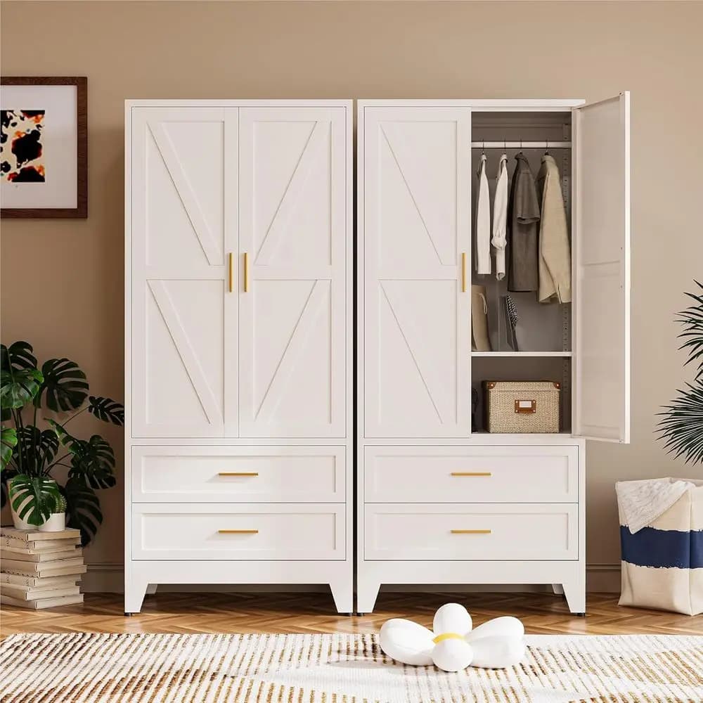 Organizzatore per Armadio in Metallo 71 con 2 Cassetti, Asta Appendiabiti e Ripiani Regolabili, Armadio Contenitore in Acciaio Bianco per Camera da Letto