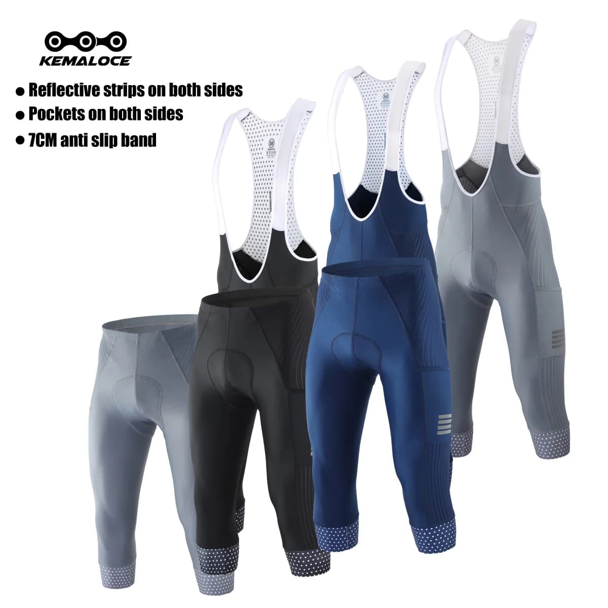 KEMALOCE Men Cycling 3/4 Pants Solid Shorts Blue/Black/Grigio 5D Gel Pad MTB Bike Bib Footwear Quick Dry Bicycle Mutans