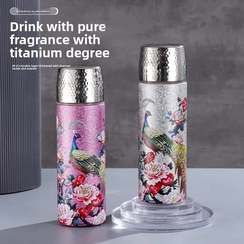 500ML New Guochao Peacock Titanium Coated Thermos Cup Vacuum Flasks Tea Separation Tea Cup High Value Water Bottles Mugs Gift