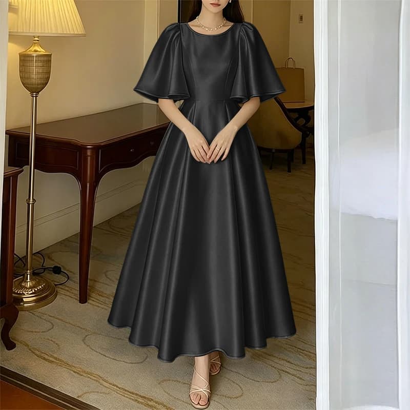 ZANZEA 2026 Elegante Abito Lungo Estivo in Raso da Donna, Vestito da Festa alla Moda con Maniche Corte a Petalo, Tinta Unita, Linea ad A, Vestito a Tunica