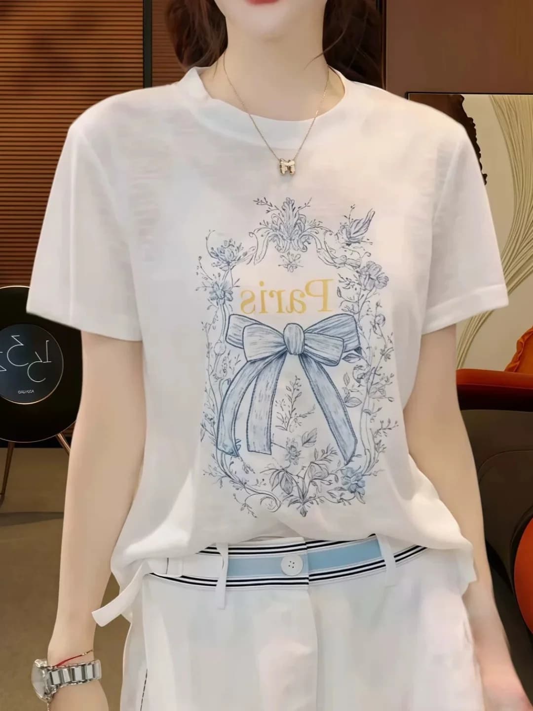 Fashionable Knot Print round Neck Short Sleeve Women's T-shirt Summer Loose Top Large Size Creative Commute Style