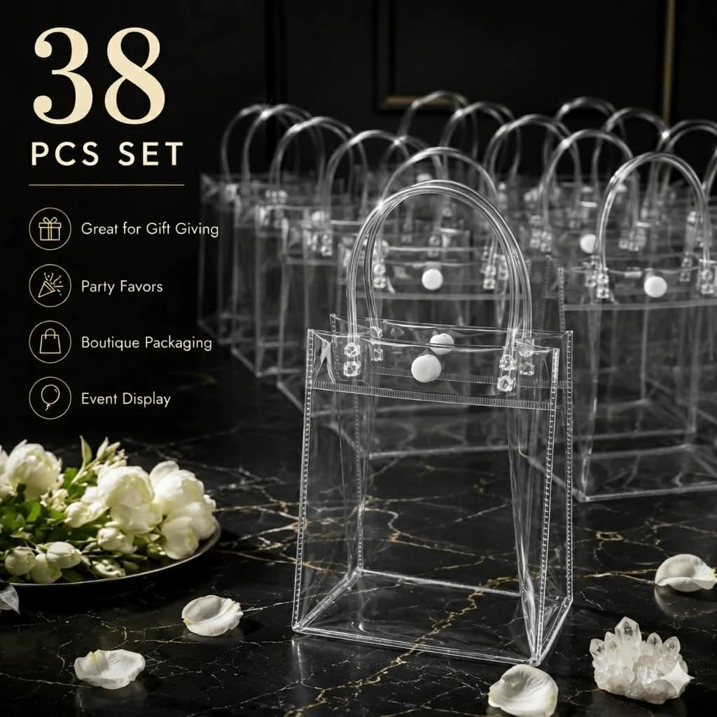 38‑Pack Thickened Clear PVC Gift Bags, Stain‑Resistant & Reusable Tote Bags with White Loop‑Shaped Handles, Large‑Capacity; Suitable for A Variety of Occasions, Including Weddings, Birthdays and Christmas Party Gift‑Wrapping