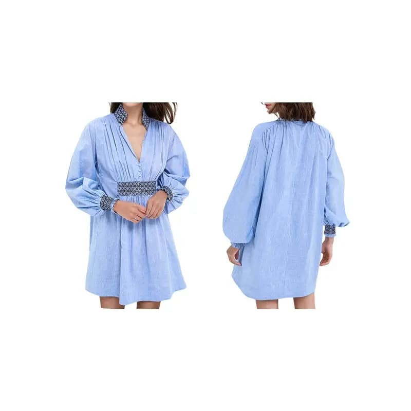 NEW-Women Shirt Dress Long Sleeve Casual V Neck A For Line For Mini Dress