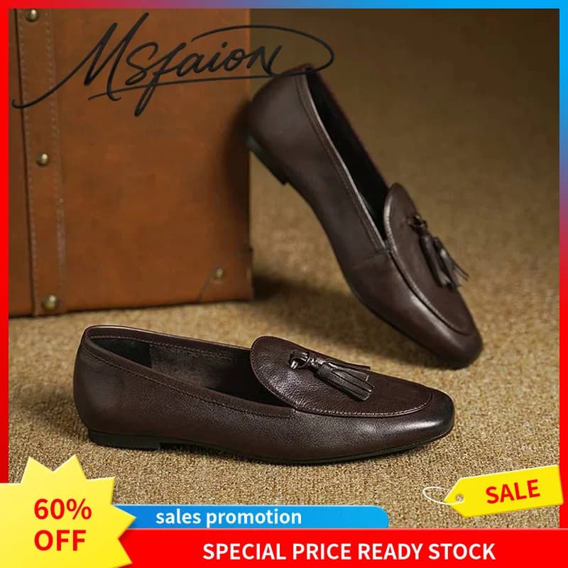 Round Toe Tassel Slip On Loafers Women Washed Cowhide Leather 1cm Flat Heel All Season Vintage Casual Office Footwear G606