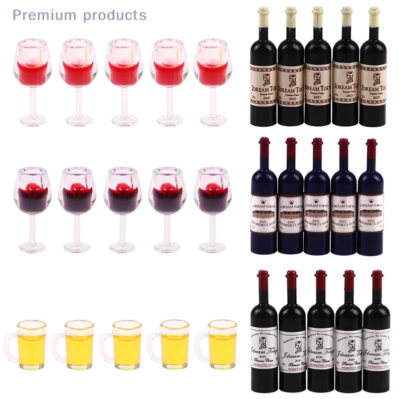 12 Set di mobili modello bottiglia di vino in miniatura per casa delle bambole, tazza di birra, modello di bottiglia di vino, per giocattolo decorativo per la casa
