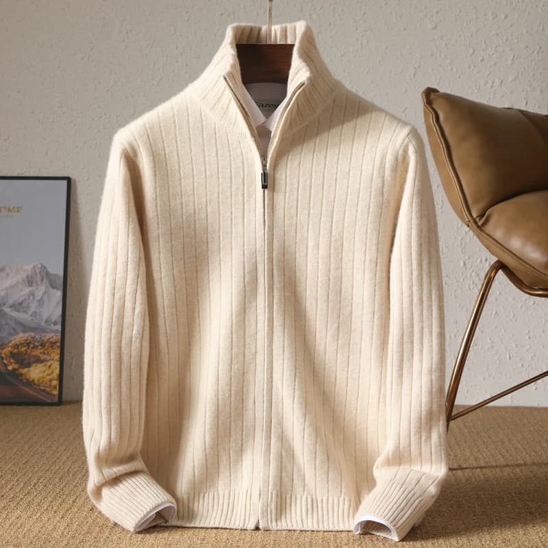 Cardigan da uomo con colletto rialzato in lana merino al 100% Cappotto da lavoro con cerniera in maglia casual Autunno Inverno Giacca da uomo calda e versatile in cashmere