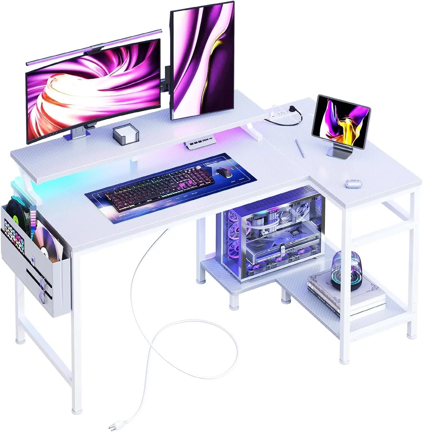 Scrivania da Gaming a L con Luci LED, Porte USB e Ripiani Portaoggetti per Ufficio e Sala Giochi