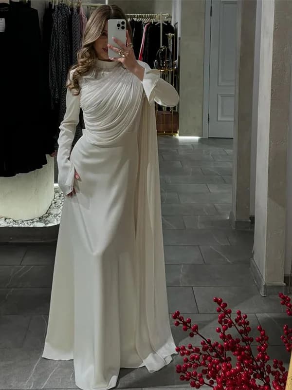 Elegant White Long Sleeve Women's Dress Wedding Gown Evening Dress A-Line Silhouette Gathered Skirt Mid-Waist Polyester Fabric