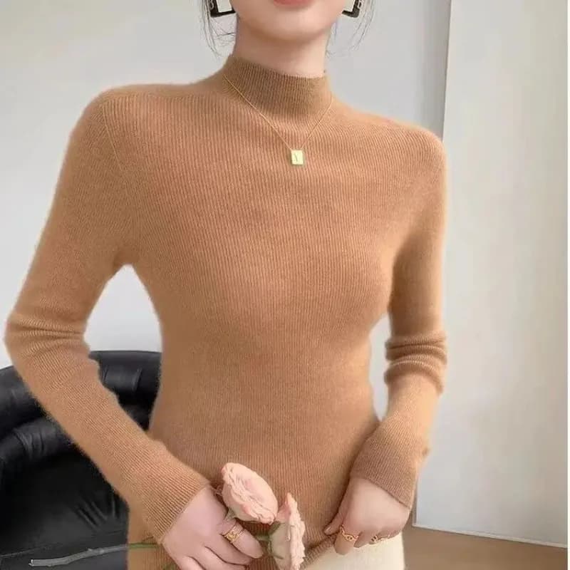 Casual Women Sweater Solid Pullovers Long Sleeve Warm Autumn Winter Harf High Collar Sweaters Bottoming Shirts Knitted Underwear