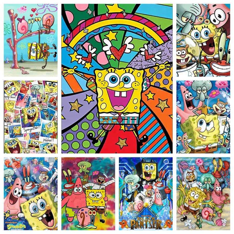 Kit di Pittura Diamante 5D F-Funny-Sponge Bob, Arte Fai-da-Te, Punto Croce, Decorazione Casa, Regalo Artigianale per Bambini