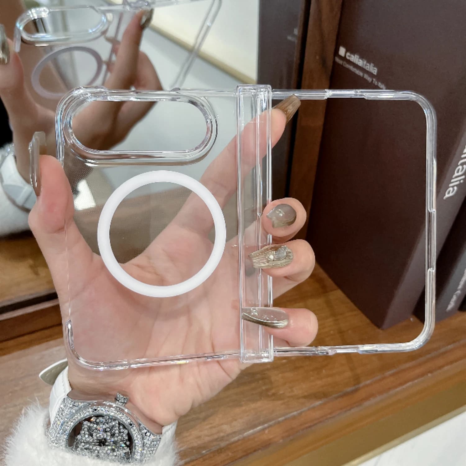 Luxury Transparent Mirror Magnetic for Magsafe Phone Case for IPhoneUltra 18Fold Hinge 3in1 Slim Shockproof Cover for IPhone Duo