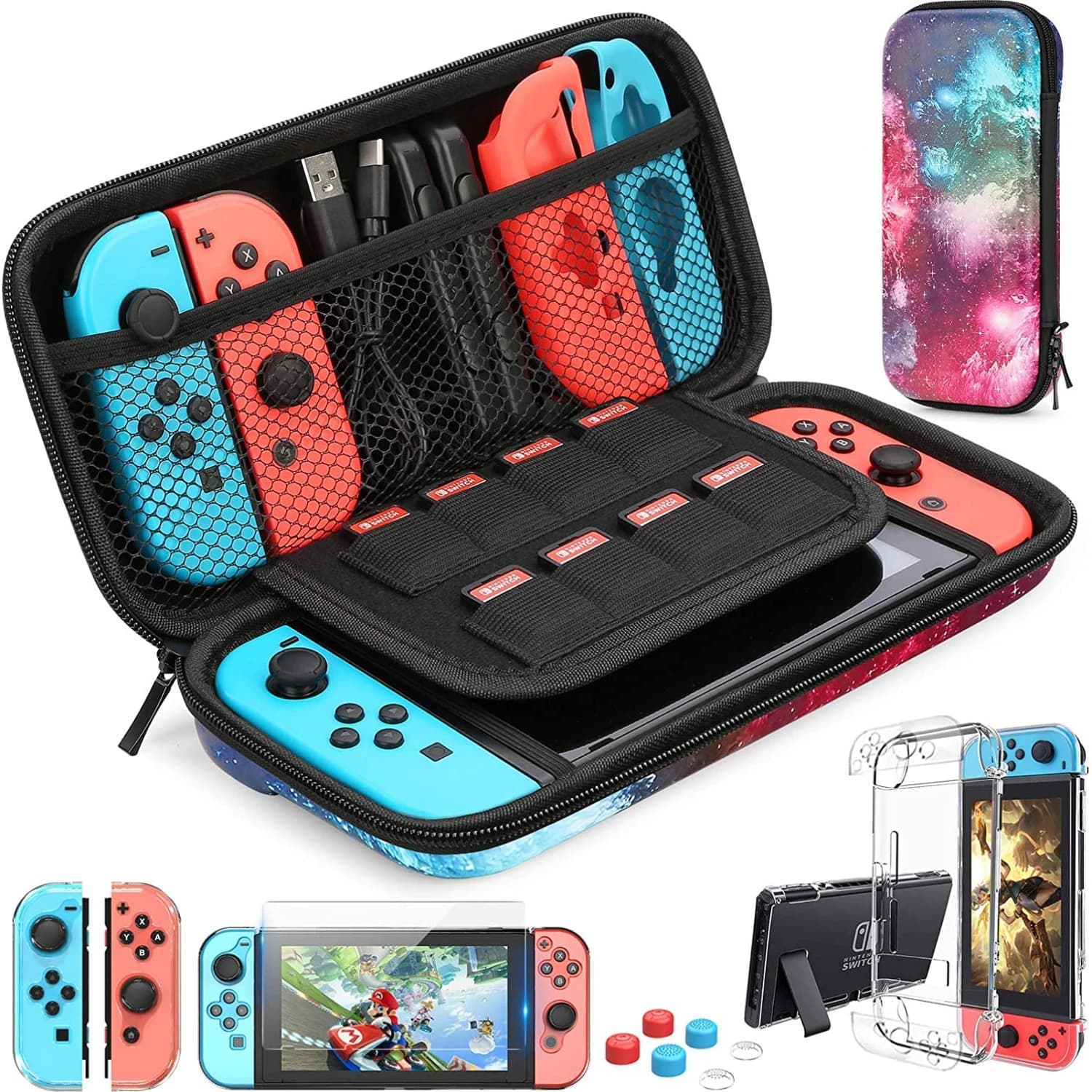Per custodia Switch compatibile con Nintendo Switch, kit di accessori 9 in 1 con custodia per il trasporto, custodia protettiva agganciabile
