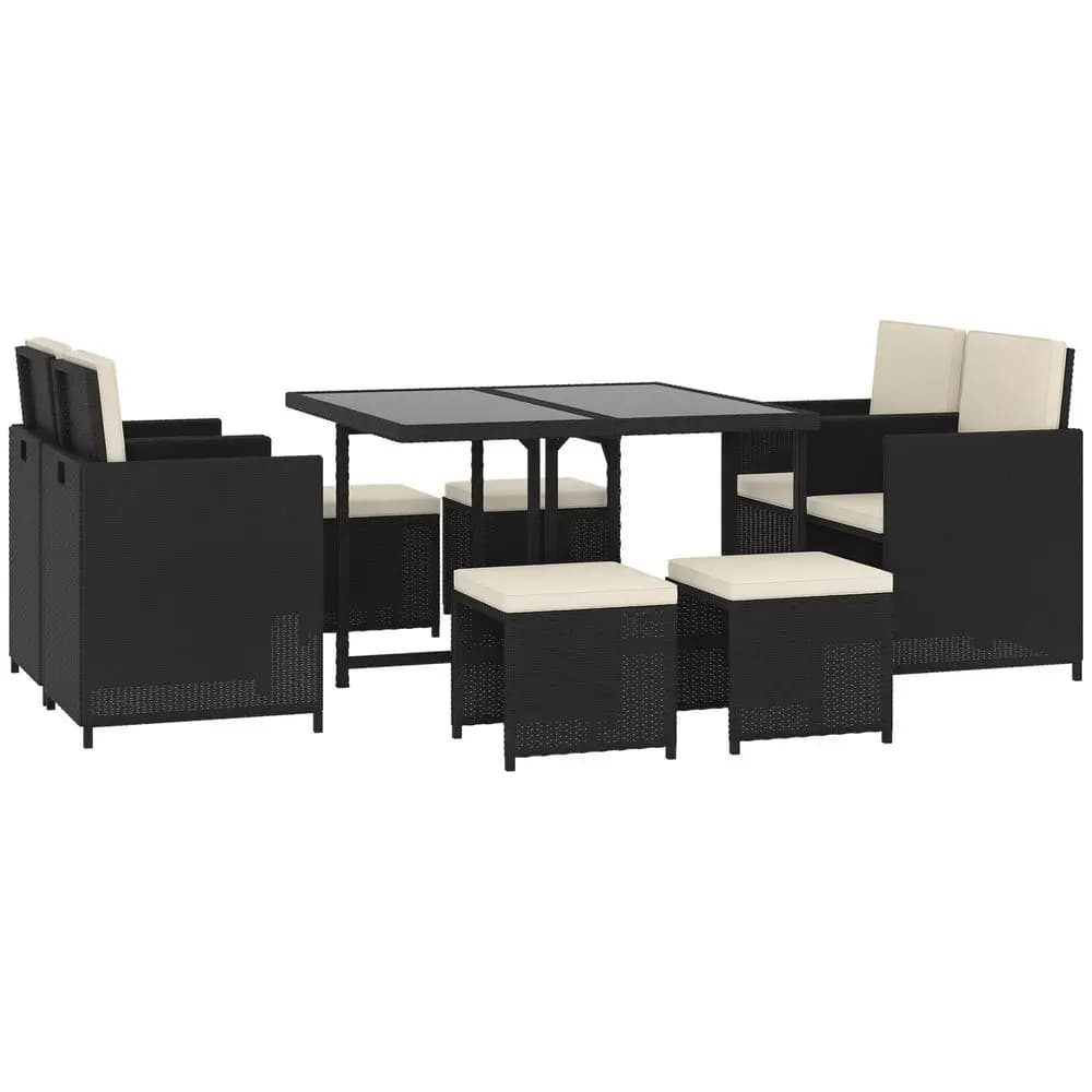 Set da Pranzo da Esterno 9 Pezzi per 8 Persone, Sedie Salvaspazio in Vimini e Tavolo Quadrato in Vetro con Cuscini e Pouf, Conversazione in Rattan