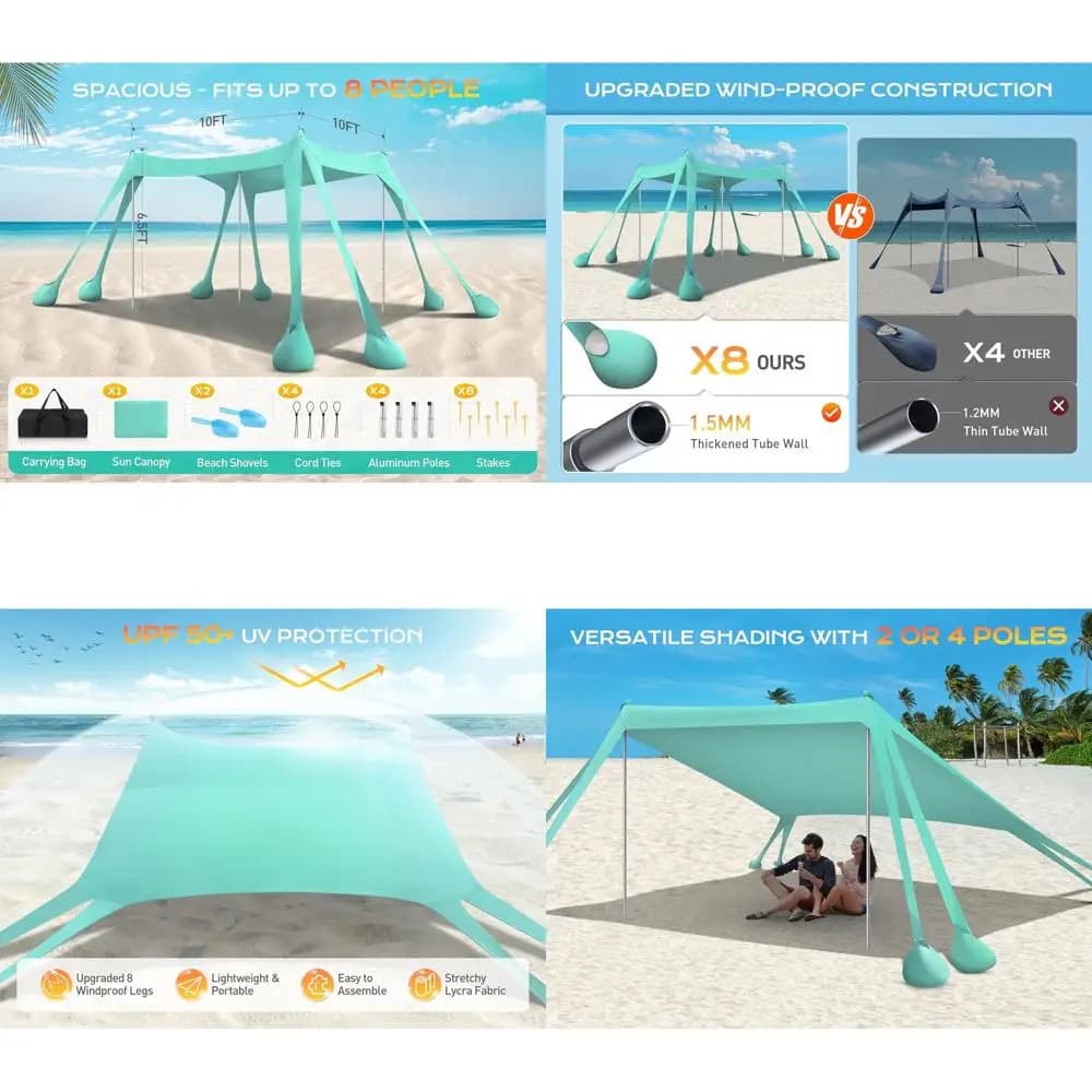 Tenda da spiaggia UV50+ da 10x10 piedi con sacchi di sabbia, pale e pali per divertimento all'aria aperta - Verde chiaro