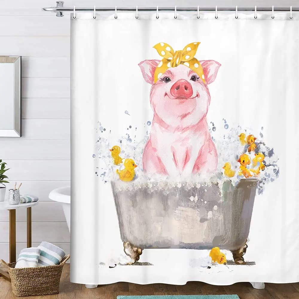 Divertente maiale da fattoria nella vasca da bagno Tenda da doccia Simpatico maiale rustico sta prendere il bagno Decorazioni per il bagno in fattoria Tende da doccia per cartoni animati per bambini