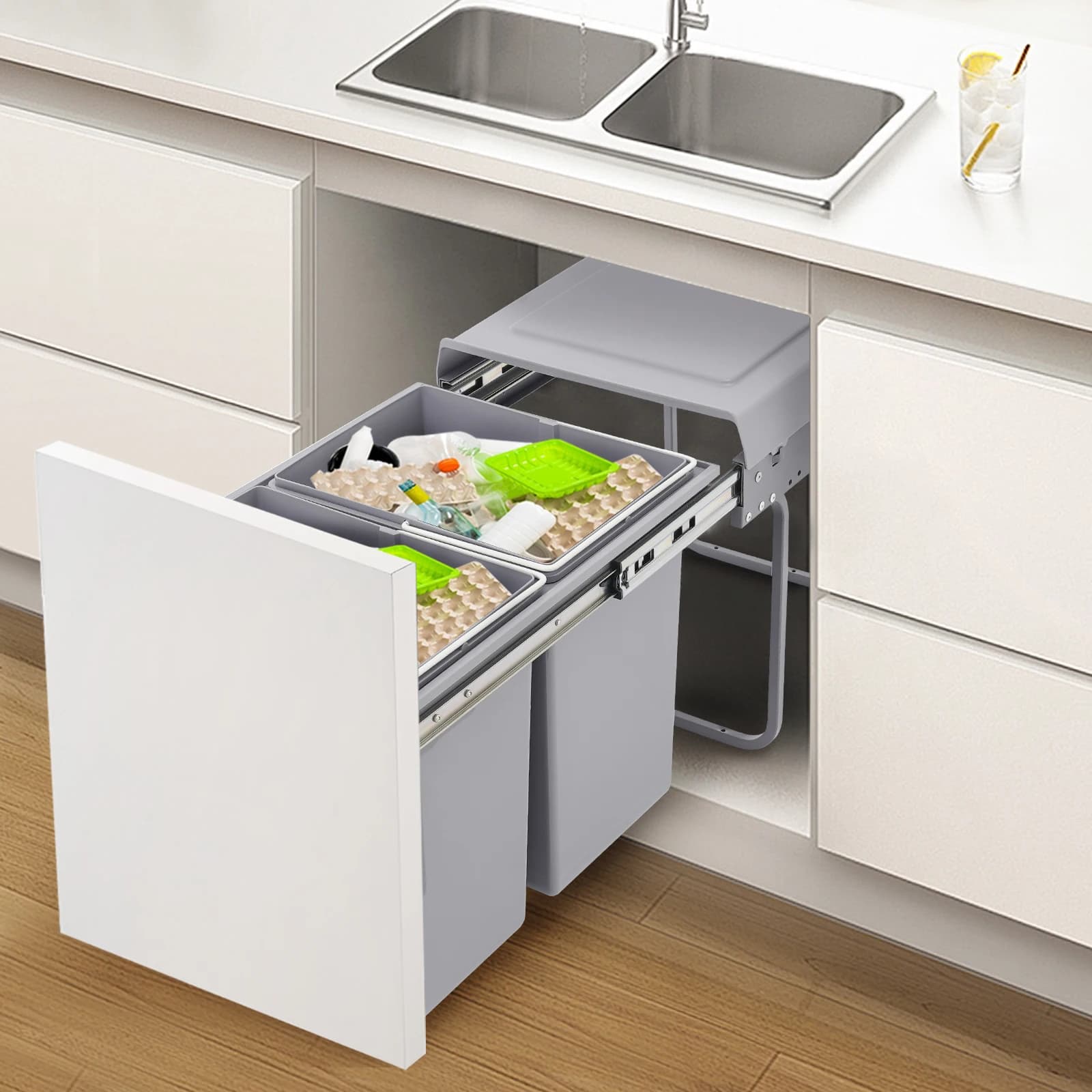 Cestino Estraibile da 20L per Cucina, Contenitore per Rifiuti e Riciclaggio Sottolavello Scorrevole 29*21.5*35.5cm