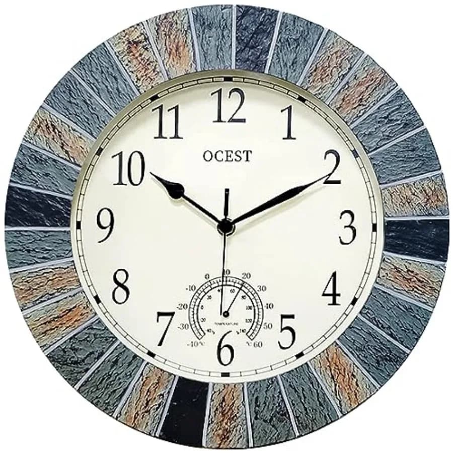 Orologio da Parete Grande da 13 Pollici per Interni ed Esterni, Impermeabile con Termometro, Resistente alle Intemperie, Silenzioso, a Batteria, Decorativo