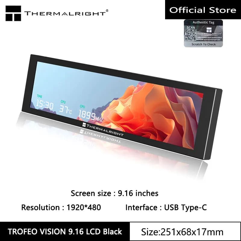 Thermalright TROFEO VISION LCD IPS full-color LCD screen，9.16 inches/magnetic/1920*480 resolution/USB Type-C port Display screen