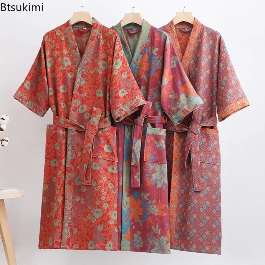 Spring/Summer Pure Cotton Double Layer Garza Bathrobe Sottile Fabric Tinto Clothing For Home Couples Style Japanese Kimono Dress Pigiama