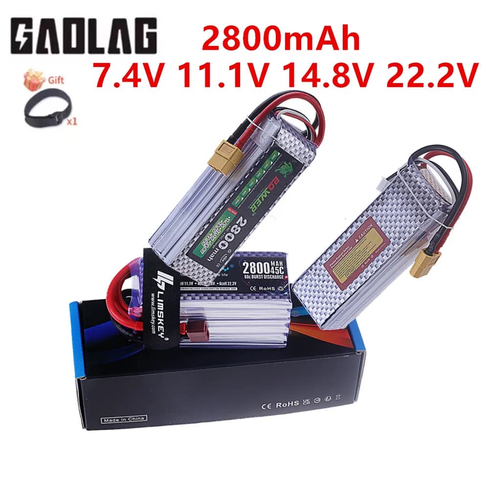 Batteria Lipo 2800MAH 7.4V 11.1V 14.8V 22.2V per Quadricottero RC, Elicottero, Auto, Barca, Droni, 45C 2S 3S 4S 6S