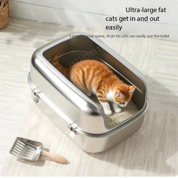 Splash-proof Fully Enclosed Cat Toilet King Size Stainless Steel Cat Litter Box