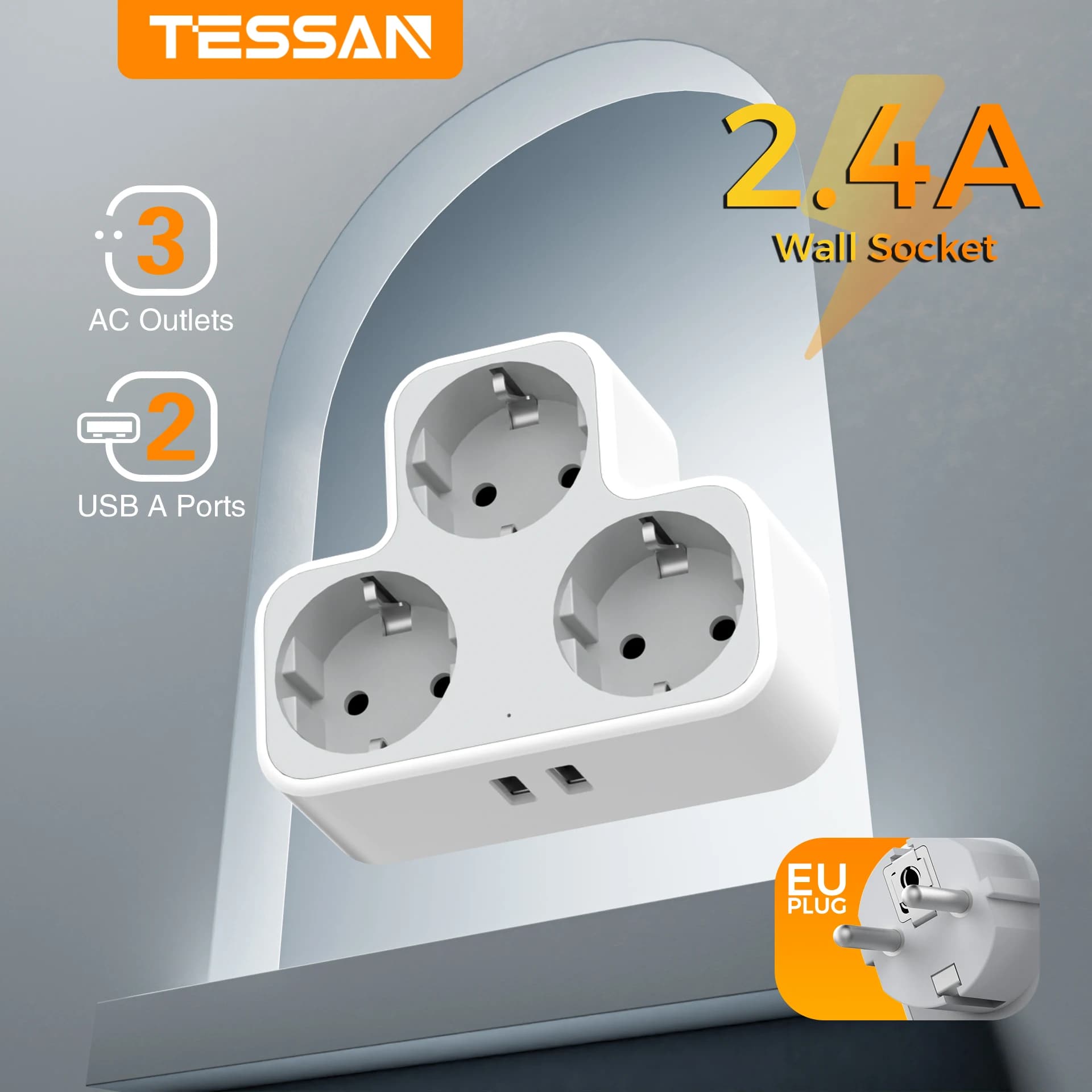 Presa a muro USB TESSAN con 3 prese CA e 2 porte di ricarica USB, adattatore da parete con spina EU per casa, 3600W