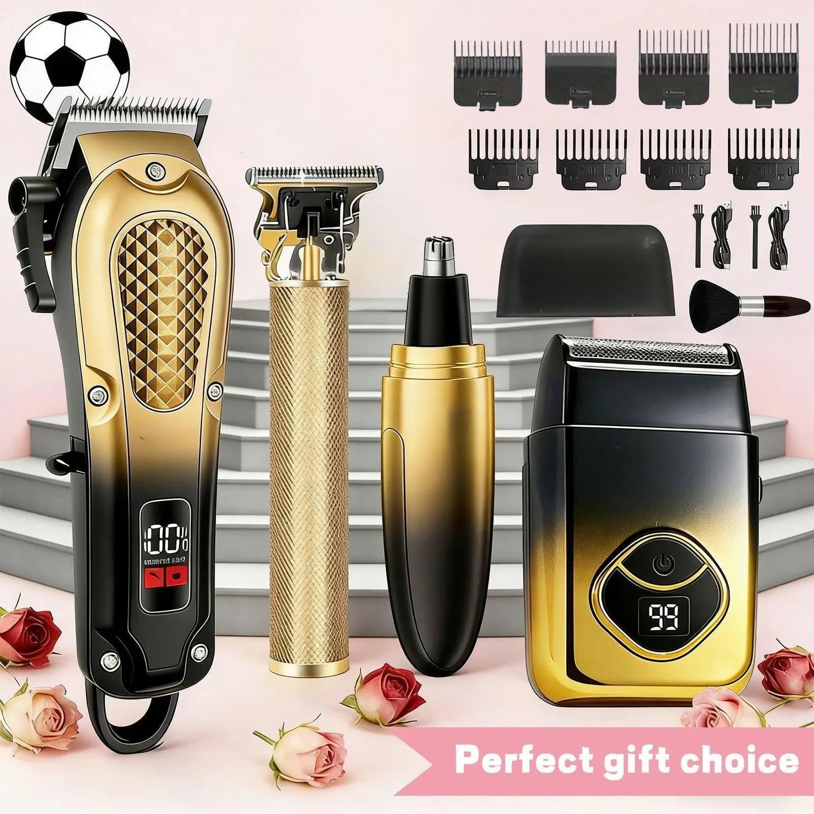 professional-grade gold hair clipper set, beard trimmer, T-shaped blade trimming kit, wireless men's hair styling tool, gold design shaver, ideal birthday and Christmas gift, Valentine's Day