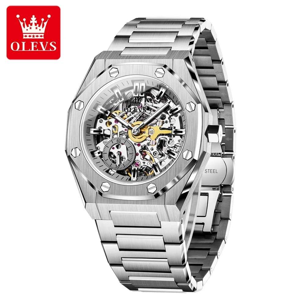 OLEVS Luxury Watches for Men, High Quality, Original, Fully Scheletrated, Automatic Mechanical, Stainless Steel, With Gift Pack