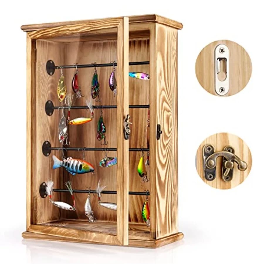 Espositore per Esche da Pesca, Armadietto a Muro, Organizzatore per Attrezzatura da Pesca, Regalo per Uomini, con Porta e Serratura, per Studio o Stanza