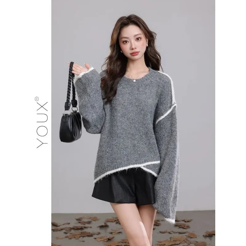 Maglione stile pigro grigio 2025 Autunno e inverno Nuovo stile Design ampio Maglione di colore a contrasto irregolare Top da donna alla moda