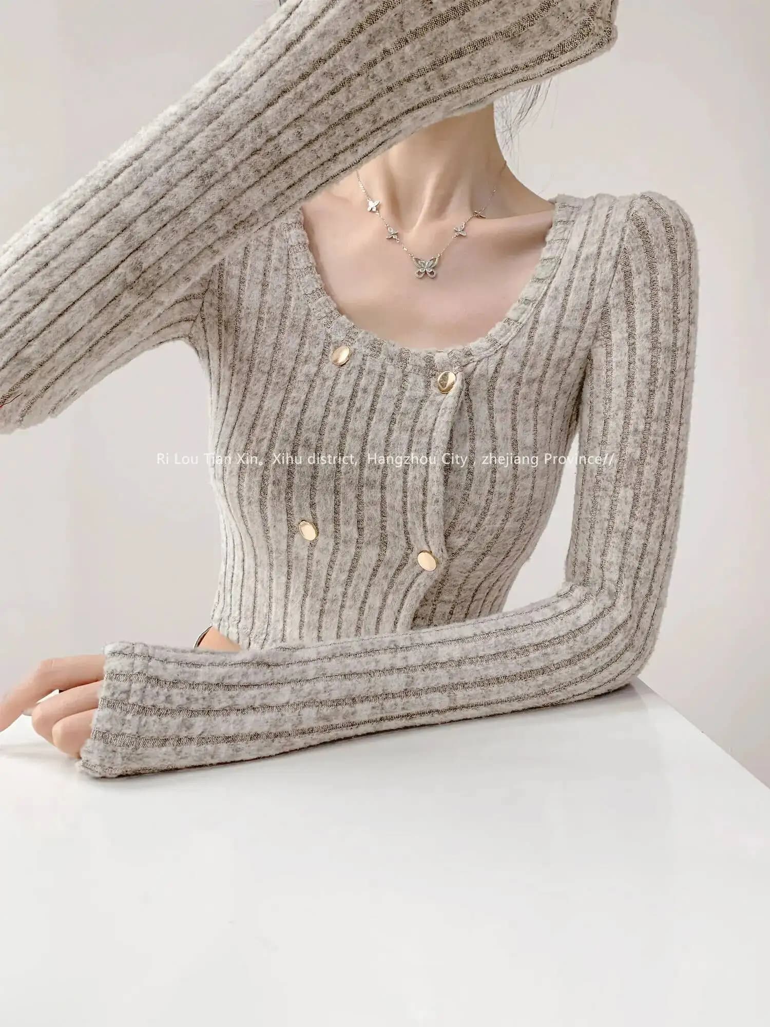 Maglione Pullover in Maglia Stile Europeo Americano 2026 Autunno Nuovo Slim con Scollo Quadrato Doppio Petto Manica Lunga Top Corto 8FHF