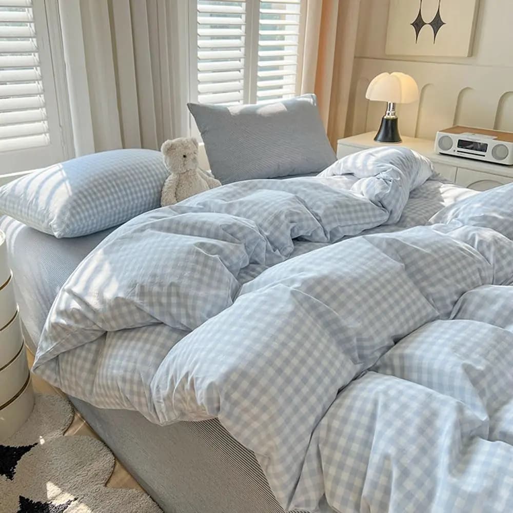 White Blue Queen Size Scotch Cover Set, Breathable Microfiber Bedlinen with pillowcase