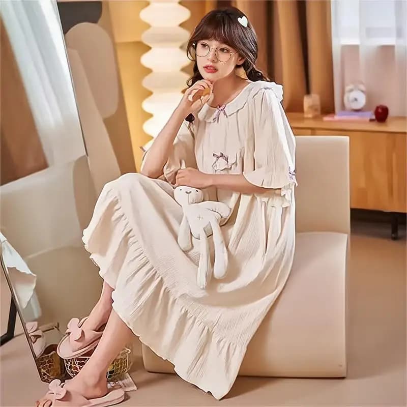 Spring Summer Lady Lace Casual Nightgown Girls Short Sleeves Bar Pad Bow Pajama Woman Skimpy Loose Indoor Knee Length Loungewear