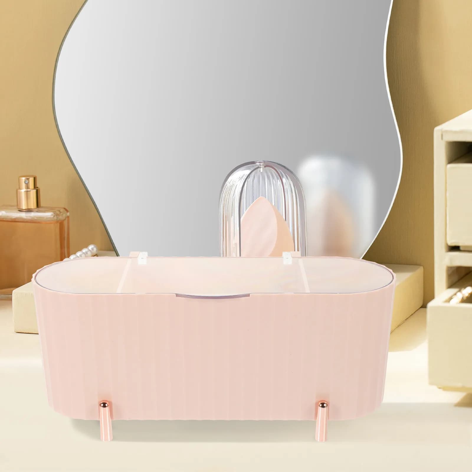 Scatola porta cotone idrofilo a 4 scomparti, organizer per trucchi da scrivania e bagno, salvaspazio, porta bastoncini di cotone