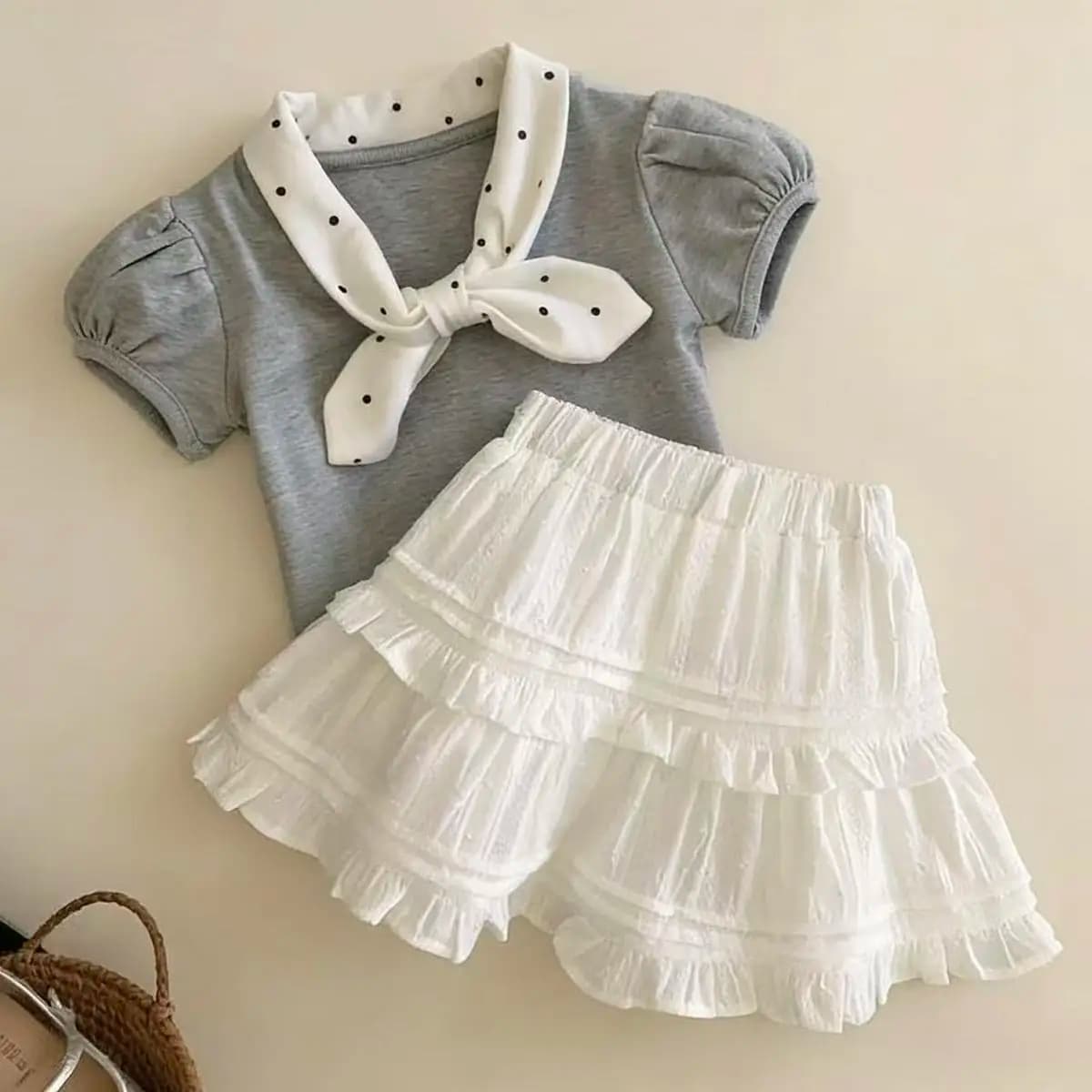Fashion Summer Set for Girls, New Set with Pois and Butterfly T-shirts + Plissettata Corta skirt, Set 2 Pieces